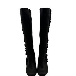 Elle Vegan Gray Suede Ruffle Detail Heeled Chic Tall Boots Women's Size 9.5